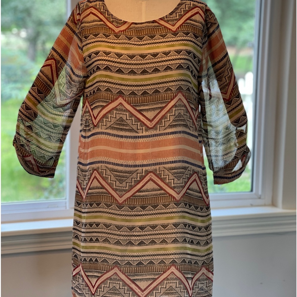 Everly Anthropologie Trapeze Aztec Pattern Sheath Dress Roll Tab Sleeve Size M